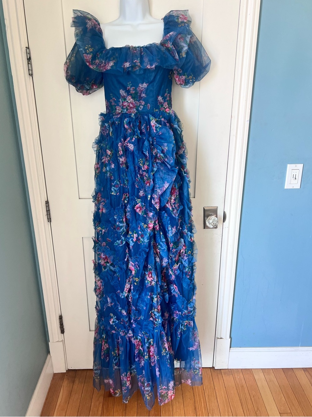 FAERIESTY Blue Floral Fairycore Cottagecore Off Shoulder Ruffle Maxi Dress XS